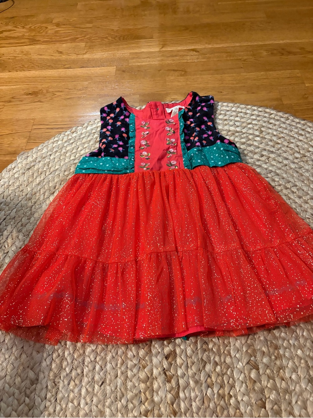 Matilda Jane Red Sparkle Tulle Party Top with Green and Navy Accents
